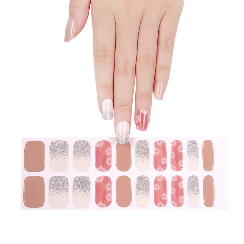 Cherry Blossom Sparkle Gel Gradated Silver Glitter Gel Stickers — Semi-Cured Gel Nail Wraps