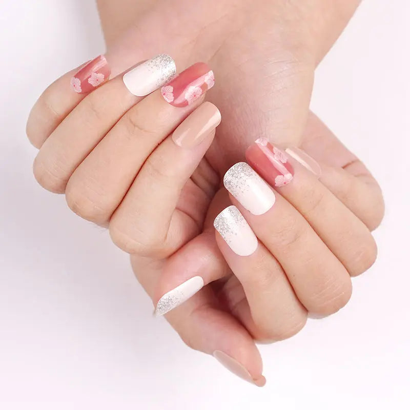 Cherry Blossom Sparkle Gel Gradated Silver Glitter Gel Stickers — Semi-Cured Gel Nail Wraps