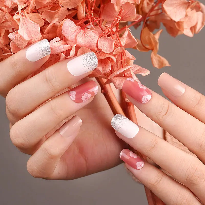 Cherry Blossom Sparkle Gel Gradated Silver Glitter Gel Stickers — Semi-Cured Gel Nail Wraps