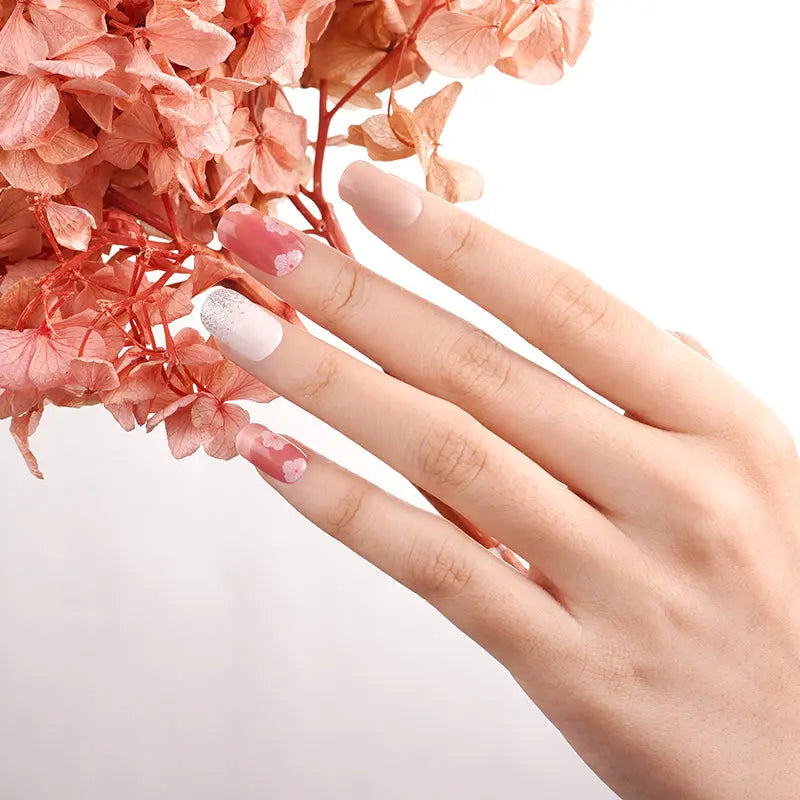 Cherry Blossom Sparkle Gel Gradated Silver Glitter Gel Stickers — Semi-Cured Gel Nail Wraps