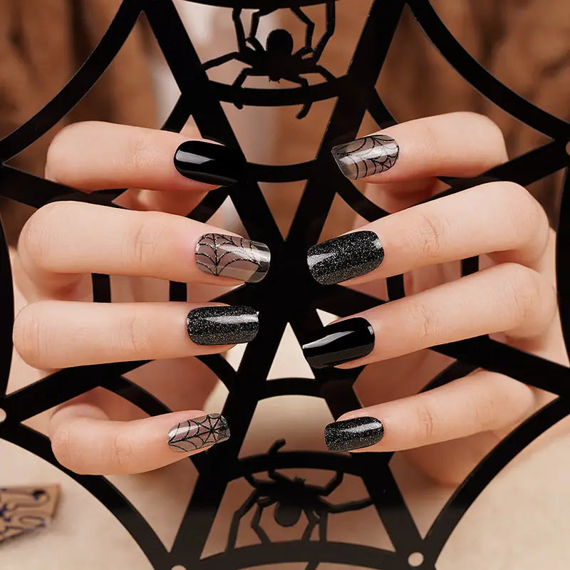 Gel Art Sticker Halloween Black Glitter Color Skull Full Sticker — Semi-Cured Gel Nail Wraps