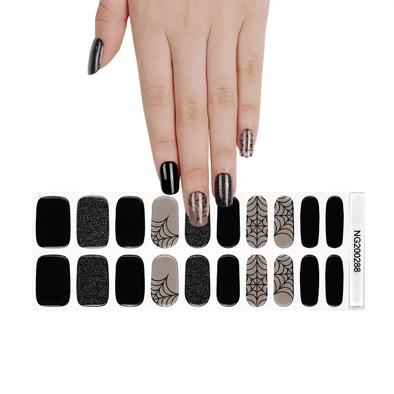 Gel Art Sticker Halloween Black Glitter Color Skull Full Sticker — Semi-Cured Gel Nail Wraps