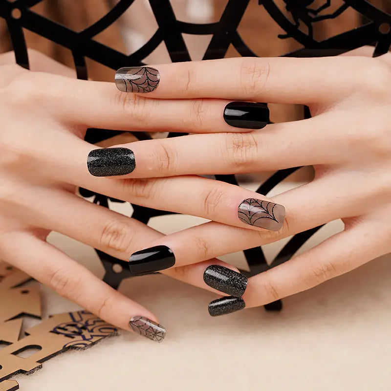 Gel Art Sticker Halloween Black Glitter Color Skull Full Sticker — Semi-Cured Gel Nail Wraps