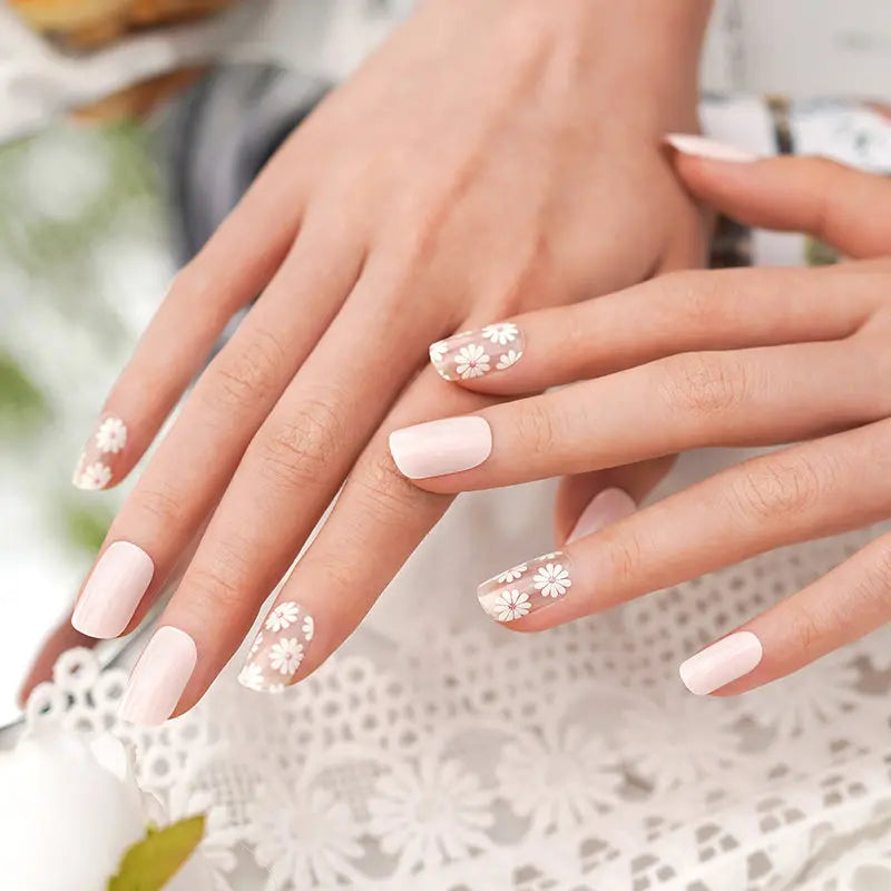 Korean Gel Stickers Pink White Flower — Semi-Cured Gel Nail Wraps