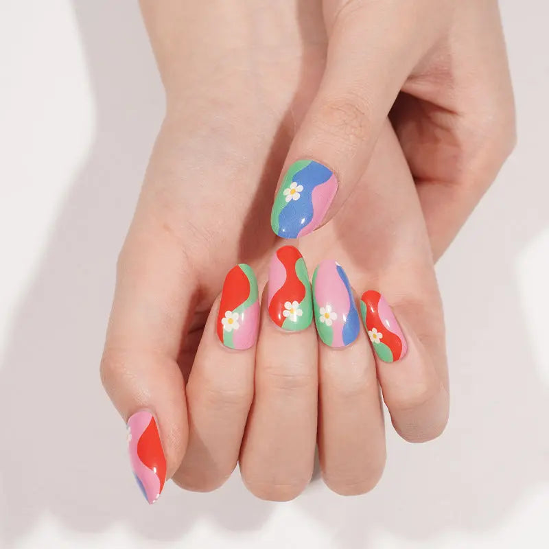 Colorful Wave Patterns And Daisy Gel — Semi-Cured Gel Nail Wraps