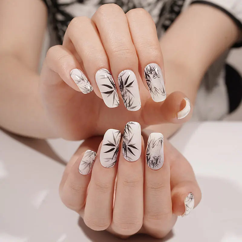Black And White Bamboo Pattern Gel Stickers — Semi-Cured Gel Nail Wraps