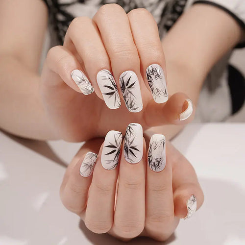 Black And White Bamboo Pattern Gel Stickers — Semi-Cured Gel Nail Wraps