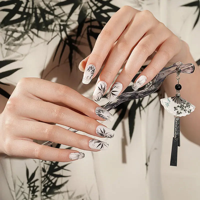 Black And White Bamboo Pattern Gel Stickers — Semi-Cured Gel Nail Wraps