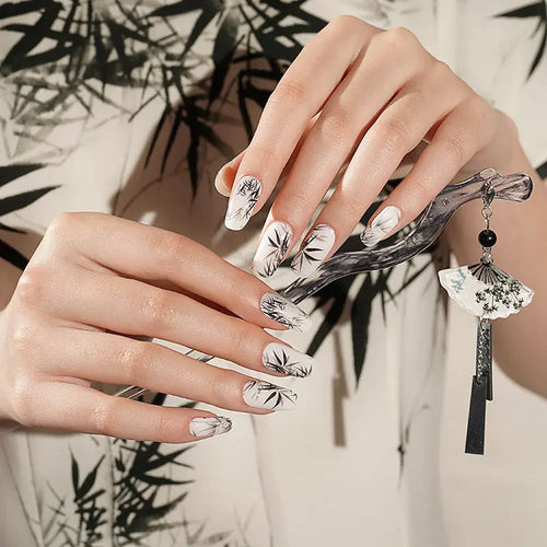 Black And White Bamboo Pattern Gel Stickers — Semi-Cured Gel Nail Wraps