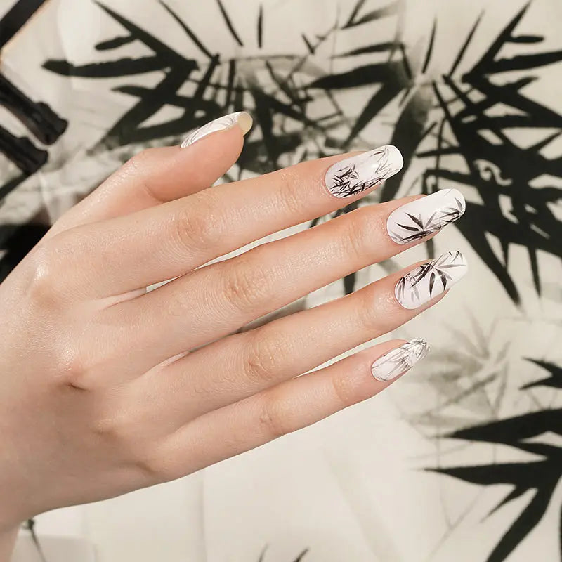 Black And White Bamboo Pattern Gel Stickers — Semi-Cured Gel Nail Wraps