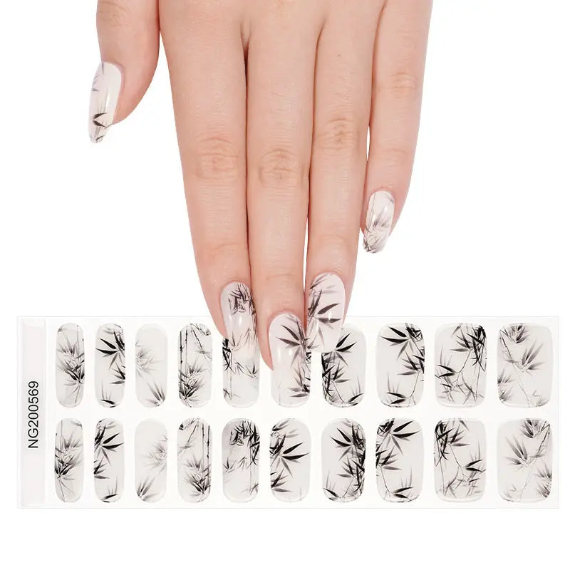 Black And White Bamboo Pattern Gel Stickers — Semi-Cured Gel Nail Wraps