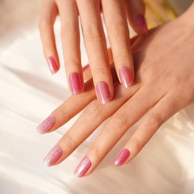 Stick On Pink Cat Eye Manicure — Semi-Cured Gel Nail Wraps