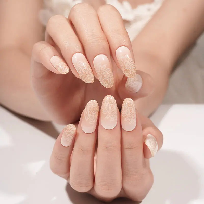 Beige Floral Lace Pattern Gel Stickers — Semi-Cured Gel Nail Wraps
