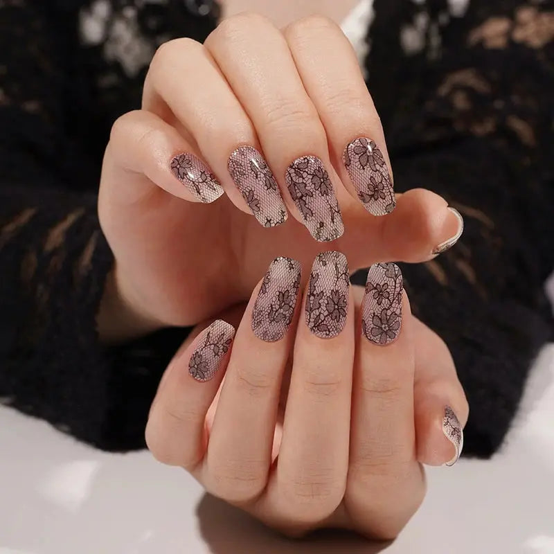 Black Lace Gel Stickers Black — Semi-Cured Gel Nail Wraps