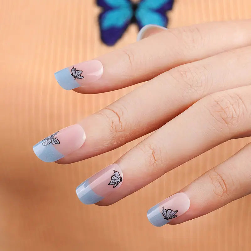 Blue French Butterfly Gel Stickers — Semi-Cured Gel Nail Wraps