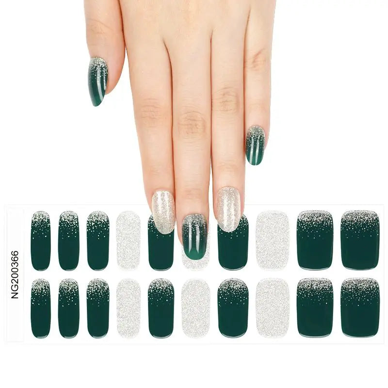 Dark Green Sliver Gel Various Designs — Semi-Cured Gel Nail Wraps