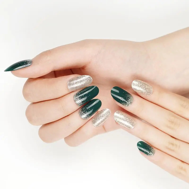 Dark Green Sliver Gel Various Designs — Semi-Cured Gel Nail Wraps