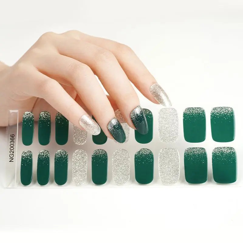 Dark Green Sliver Gel Various Designs — Semi-Cured Gel Nail Wraps