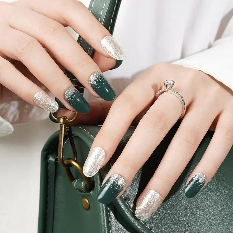 Dark Green Sliver Gel Various Designs — Semi-Cured Gel Nail Wraps