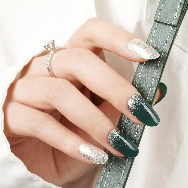 Dark Green Sliver Gel Various Designs — Semi-Cured Gel Nail Wraps