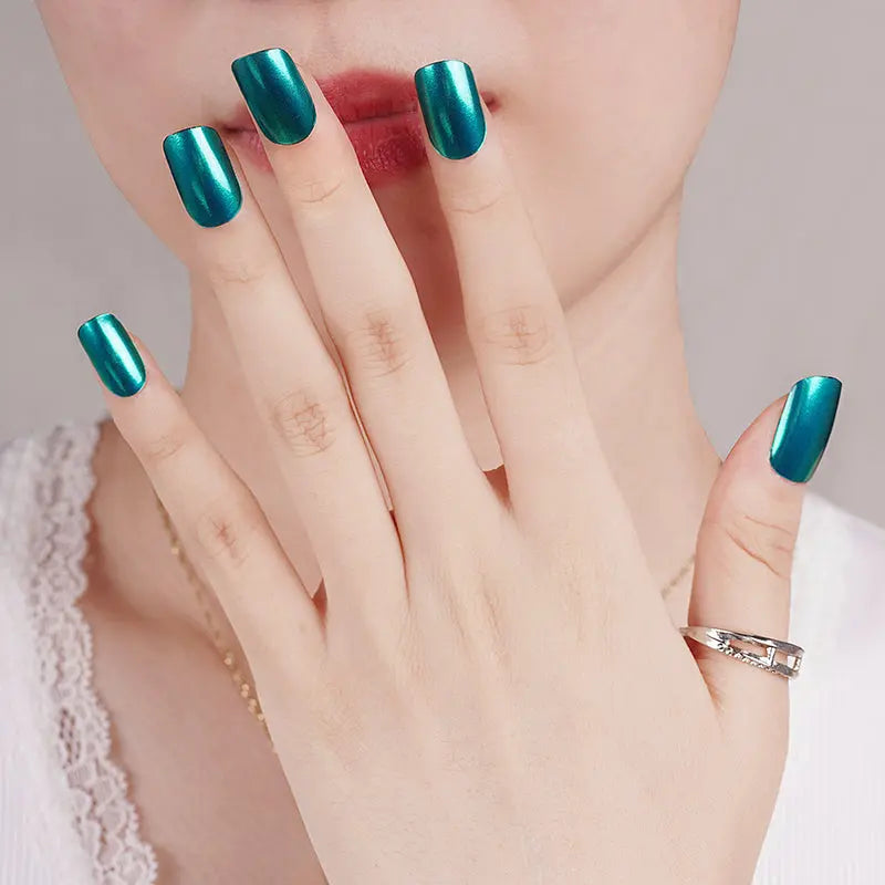 Green Mirror Polish Stickers – Bright And Shiny Finish Chrome Quick Dry Mirror Shine Effect Gel — Semi-Cured Gel Nail Wraps