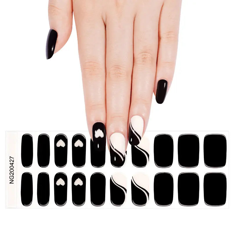 Heart Gel Black Pink Half Glitter Curved Full Cover Designs — Semi-Cured Gel Nail Wraps