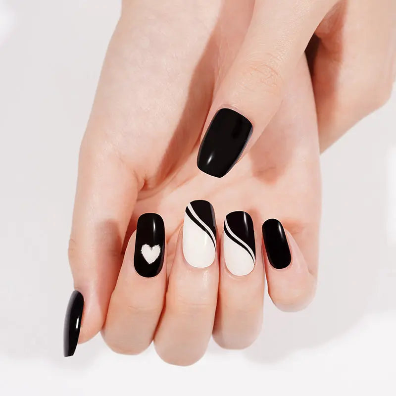 Heart Gel Black Pink Half Glitter Curved Full Cover Designs — Semi-Cured Gel Nail Wraps
