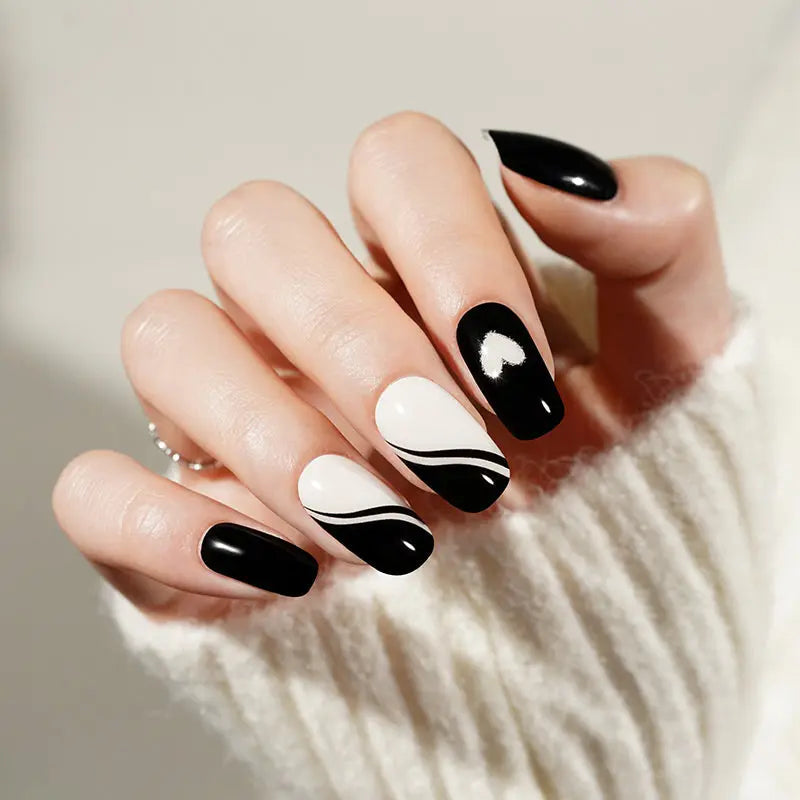 Heart Gel Black Pink Half Glitter Curved Full Cover Designs — Semi-Cured Gel Nail Wraps