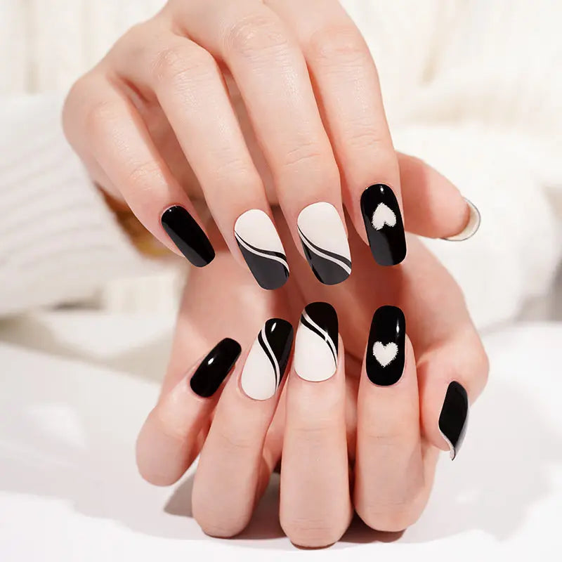 Heart Gel Black Pink Half Glitter Curved Full Cover Designs — Semi-Cured Gel Nail Wraps