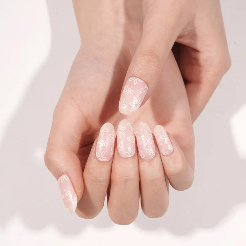 Light Pink Gel Stickers With Floral Patterns — Semi-Cured Gel Nail Wraps
