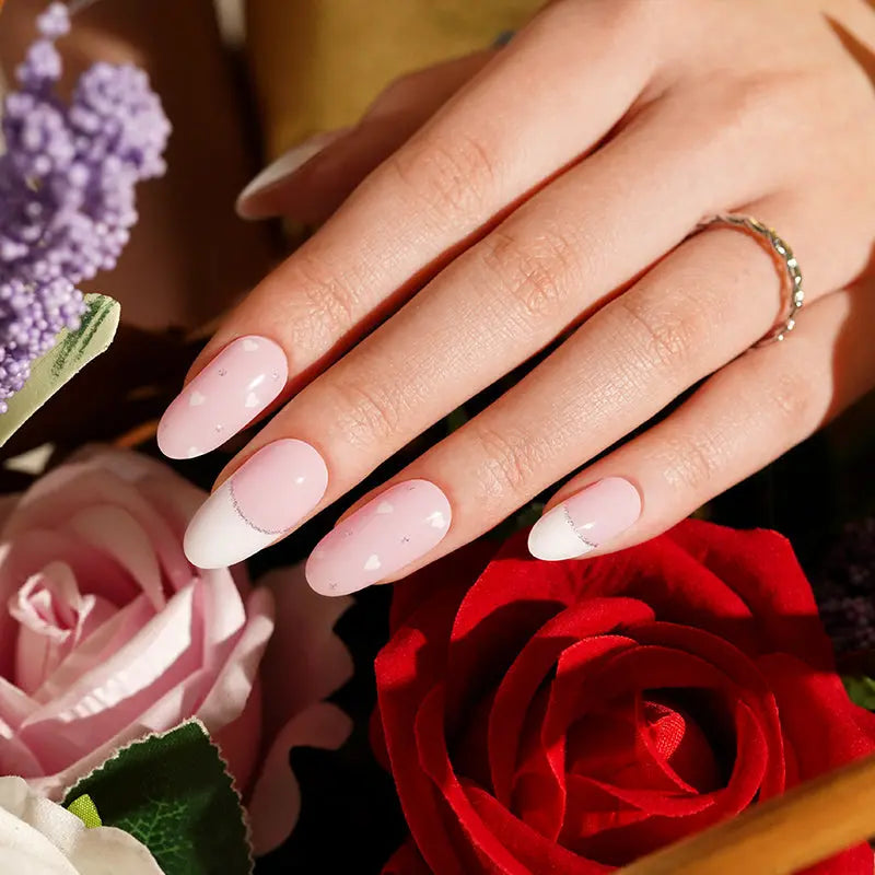 Love Heart Stickers Pink French Strips — Semi-Cured Gel Nail Wraps