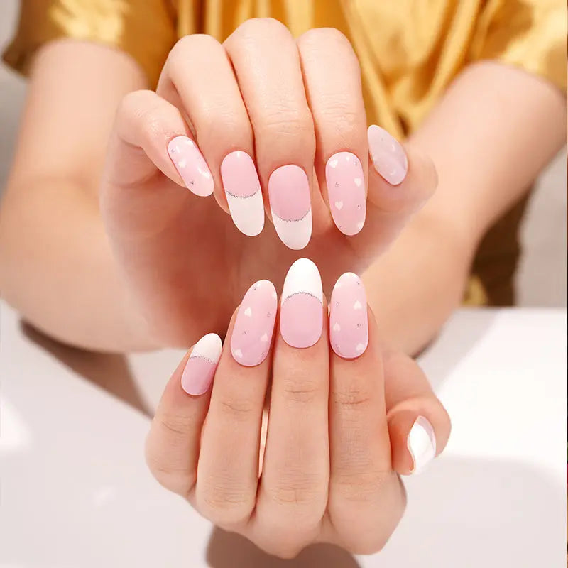 Love Heart Stickers Pink French Strips — Semi-Cured Gel Nail Wraps