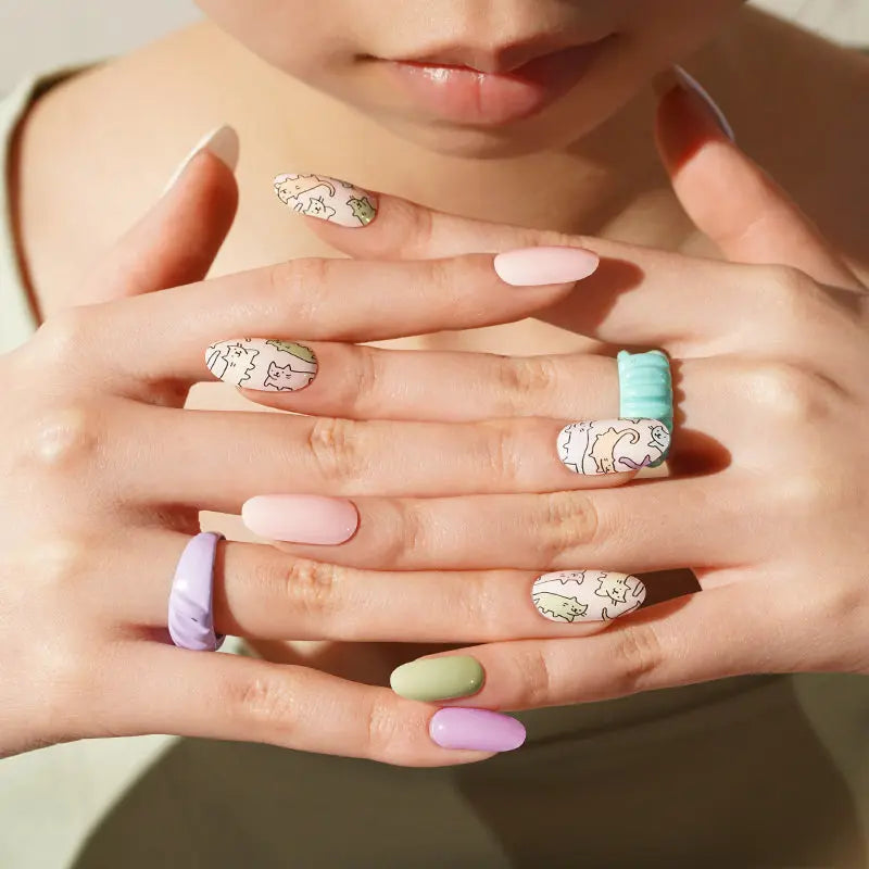 Multi-color Cute Cat Gel Designs — Semi-Cured Gel Nail Wraps