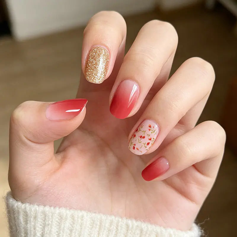 Red Floral Glitter — Semi-Cured Gel Nail Wraps