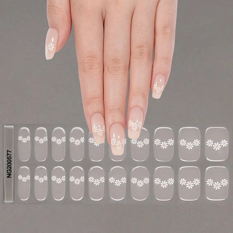 Sheer Base With White Floral Design – & Service Available — Semi-Cured Gel Nail Wraps