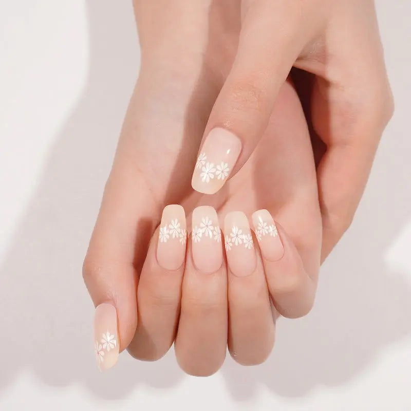Sheer Base With White Floral Design – & Service Available — Semi-Cured Gel Nail Wraps