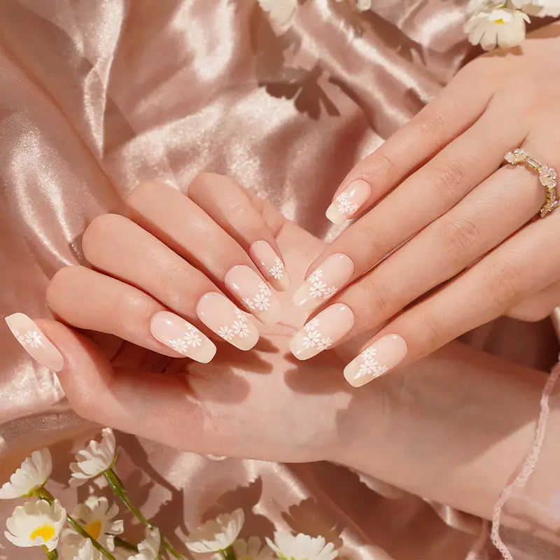 Sheer Base With White Floral Design – & Service Available — Semi-Cured Gel Nail Wraps