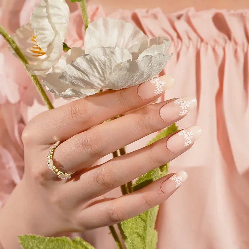 Sheer Base With White Floral Design – & Service Available — Semi-Cured Gel Nail Wraps