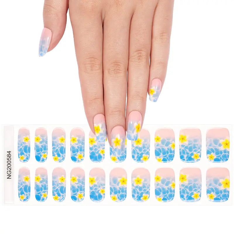 Tropical Floral Blue Water & Yellow Flower Summer — Semi-Cured Gel Nail Wraps