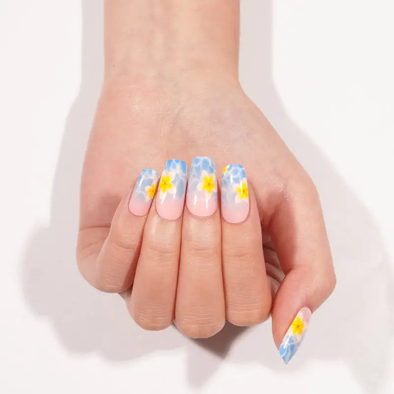 Tropical Floral Blue Water & Yellow Flower Summer — Semi-Cured Gel Nail Wraps