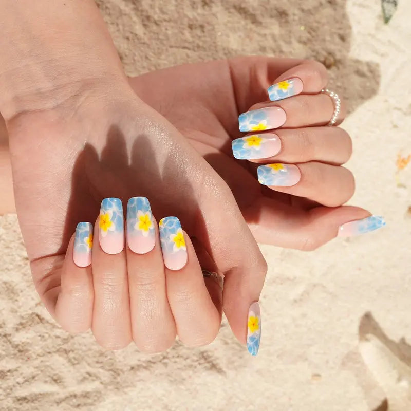Tropical Floral Blue Water & Yellow Flower Summer — Semi-Cured Gel Nail Wraps