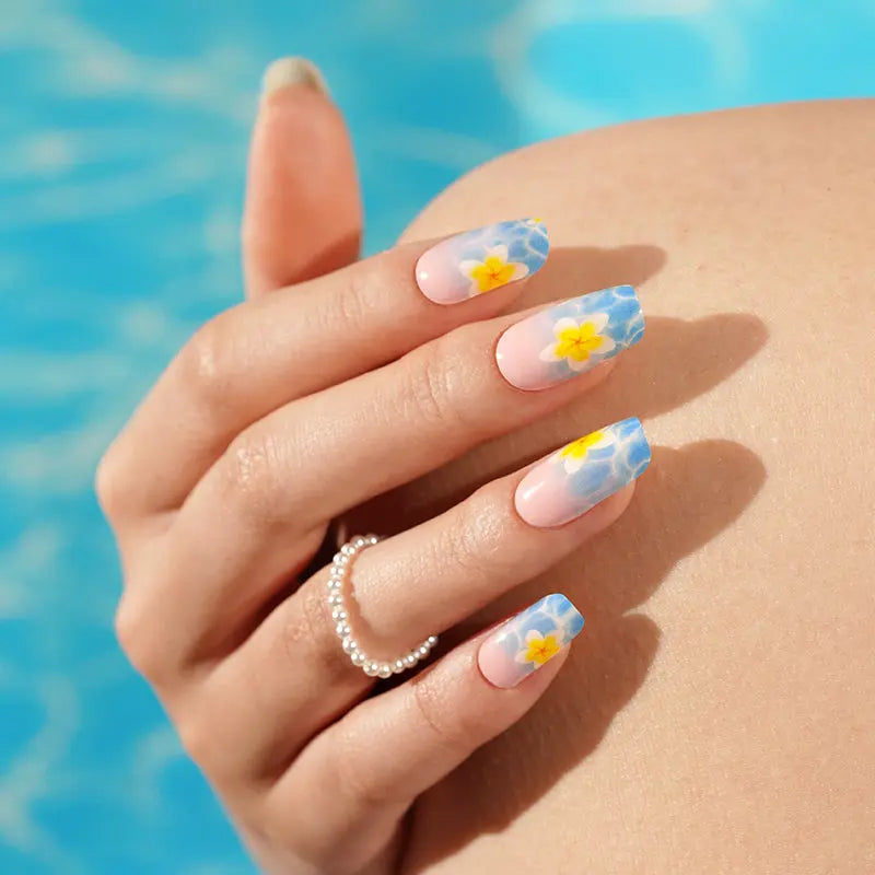 Tropical Floral Blue Water & Yellow Flower Summer — Semi-Cured Gel Nail Wraps