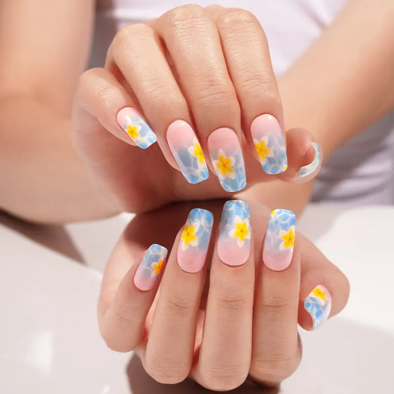 Tropical Floral Blue Water & Yellow Flower Summer — Semi-Cured Gel Nail Wraps