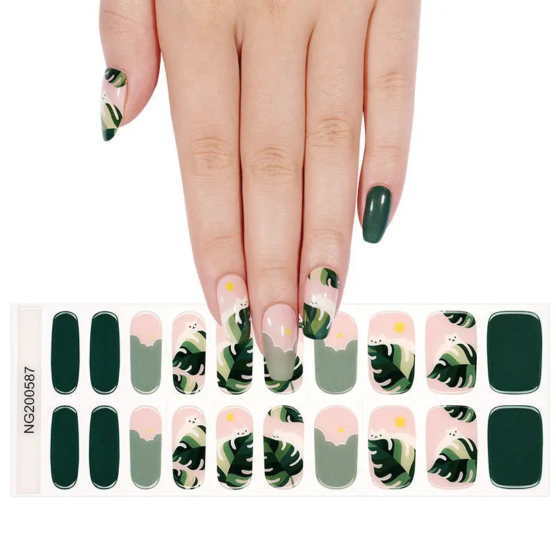 Tropical Leaves & White Cat Gel Stickers Cute & Chic For Summer — Semi-Cured Gel Nail Wraps