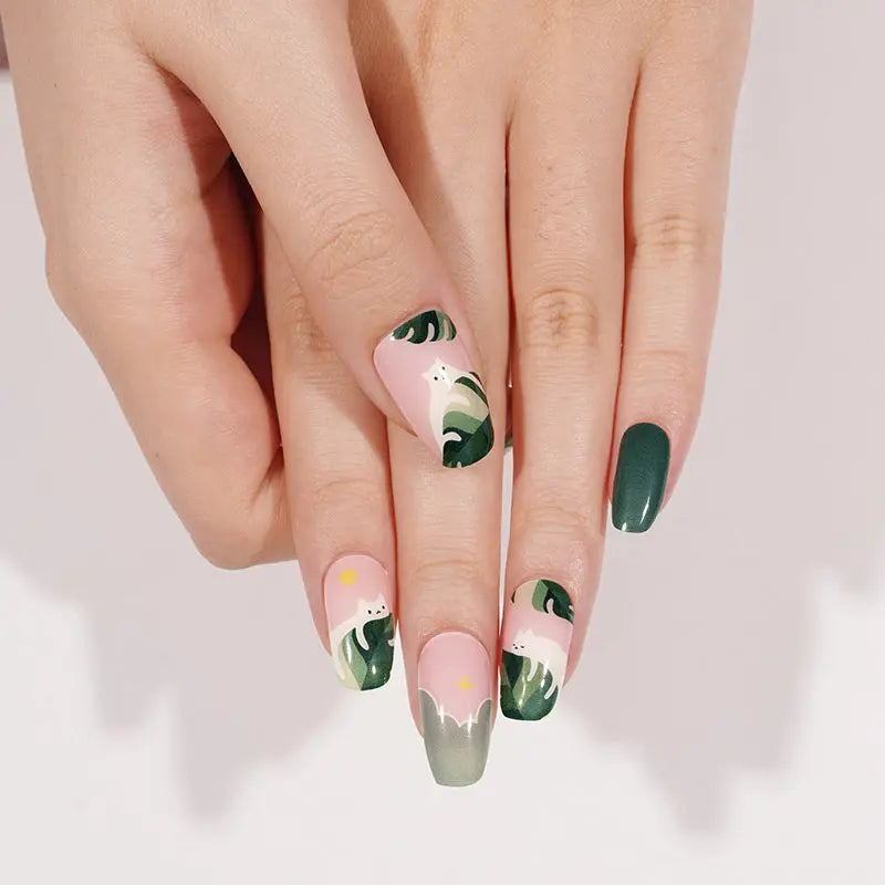 Tropical Leaves & White Cat Gel Stickers Cute & Chic For Summer — Semi-Cured Gel Nail Wraps