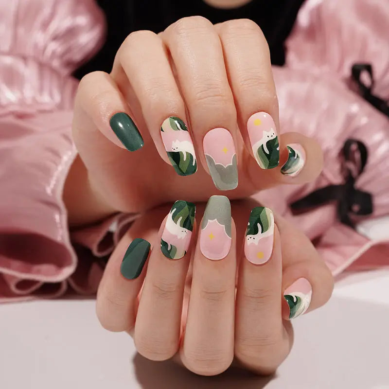 Tropical Leaves & White Cat Gel Stickers Cute & Chic For Summer — Semi-Cured Gel Nail Wraps